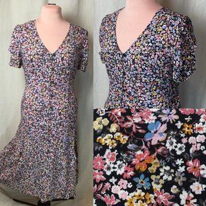 Super Cute Long Buttoned Wild Fable Floral Dress - Pinks on Black - Size Medium